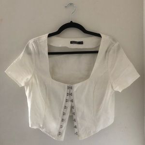 White Corset Top, Hook Front Closure, Cropped